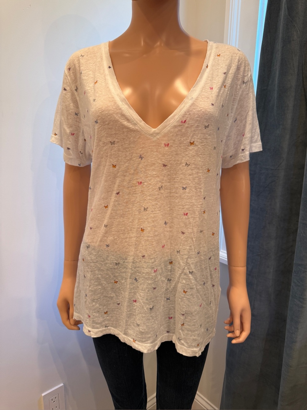 White Rails V-Neck Tee with Tiny Multicolor Butterflies
